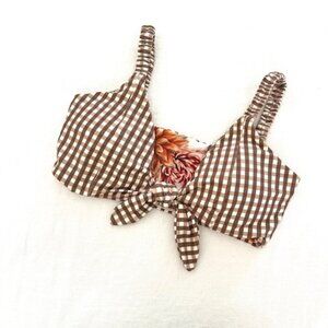 Maaji Floral and Brown Gingham Check Bikini Top Crop Top, Reversible, Sz L